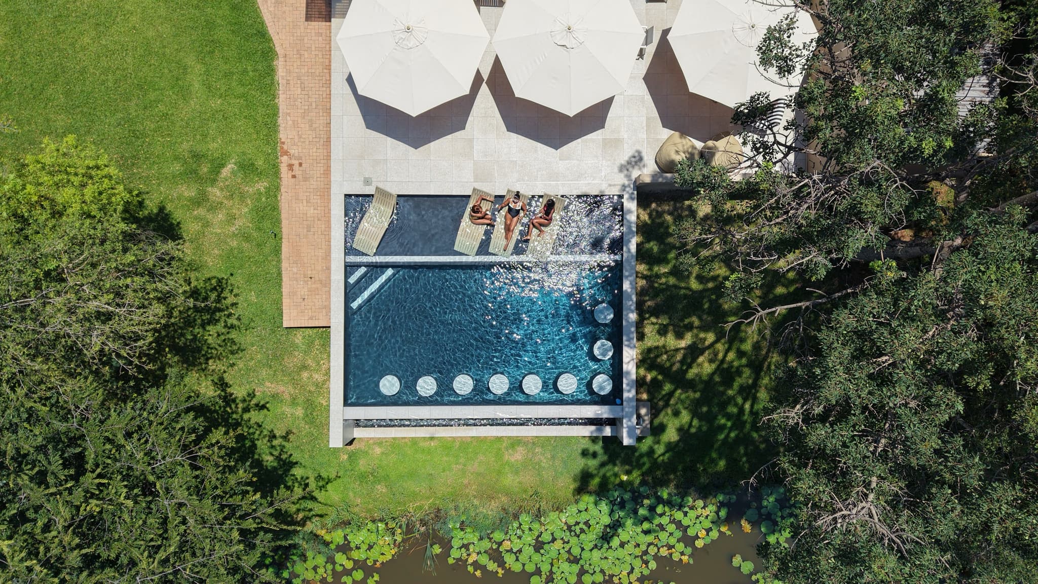 Aerial pool with sun umbrellas and guests swimming